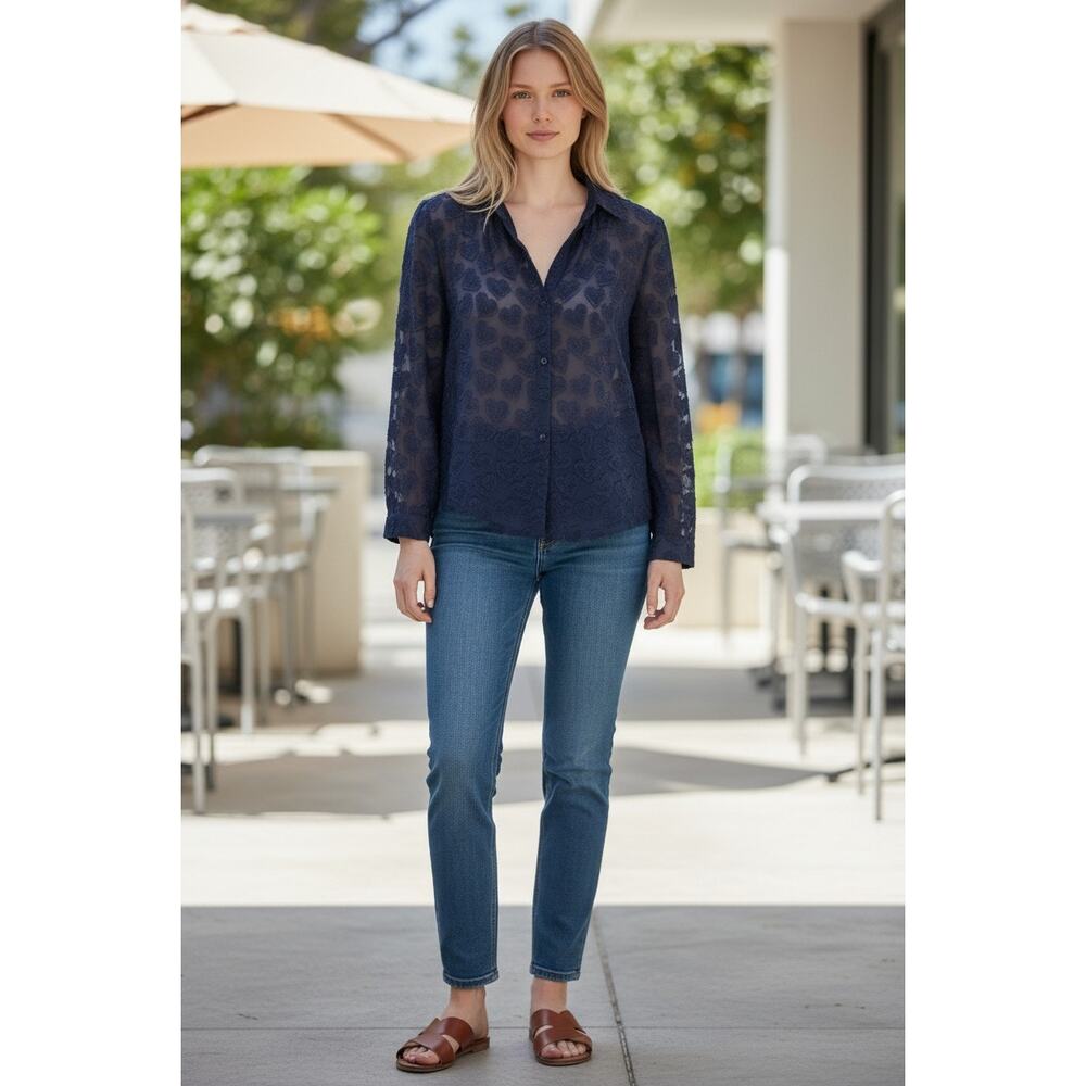 Nic + Zoe Women's Semi Sheer Heart Print Blouse Size Medium Blue